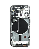 Compra la tapa trasera con componentes preinstalados para iPhone 15 Pro en Guatemala, con etiquetas de BajoPPLCD y color White Titanium.