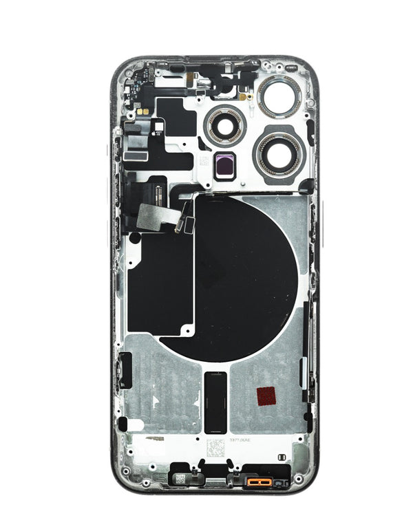 Compra la tapa trasera con componentes preinstalados para iPhone 15 Pro en Guatemala, con etiquetas de BajoPPLCD y color White Titanium.