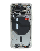 Tapa trasera blanca con componentes preinstalados para iPhone 12 Mini, ideal para reparaciones en Guatemala.