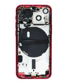 Tapa trasera de iPhone 13 Mini en color rojo con componentes pequeños preinstalados para reparaciones en Guatemala.