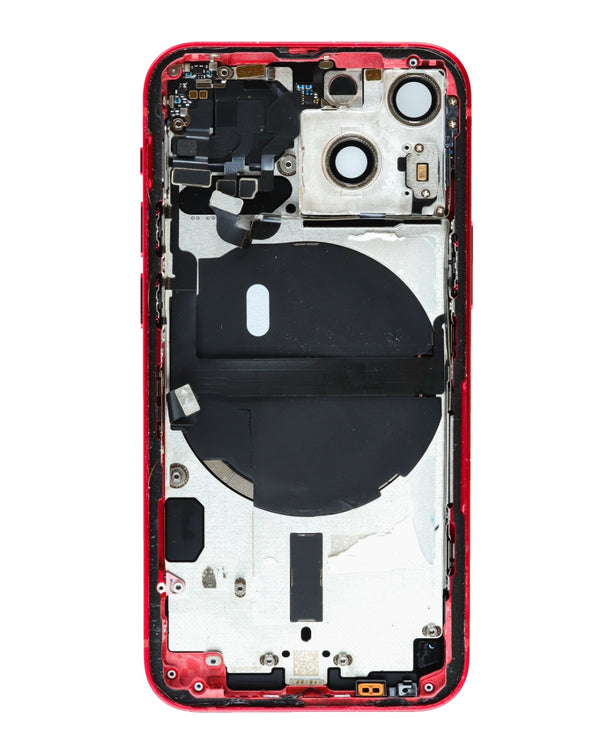 Tapa trasera de iPhone 13 Mini en color rojo con componentes pequeños preinstalados para reparaciones en Guatemala.