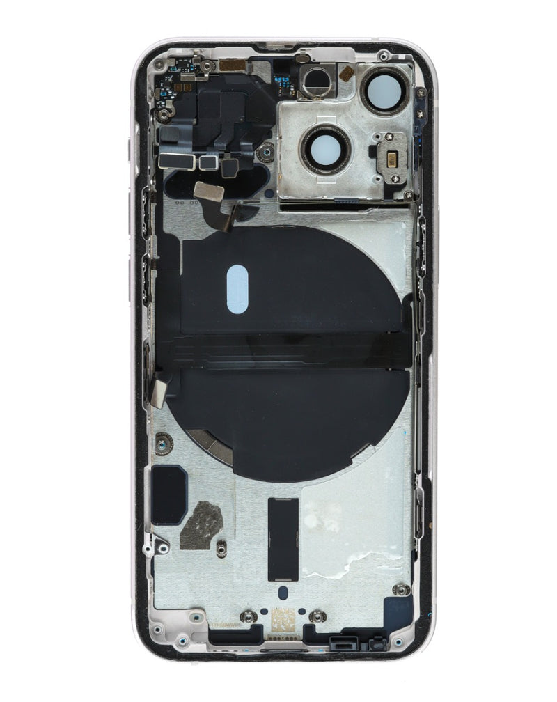 Tapa trasera STARLIGHT con componentes pequeños preinstalados para reparación de iPhone 13 Mini en Guatemala.