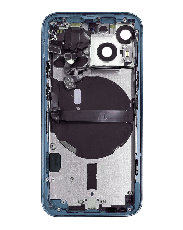Estructura preinstalada de iPhone 13 Mini (AZUL) ideal para reparaciones en Guatemala, disponibles en mayorista de componentes Apple con piezas pequeñas ya instaladas.