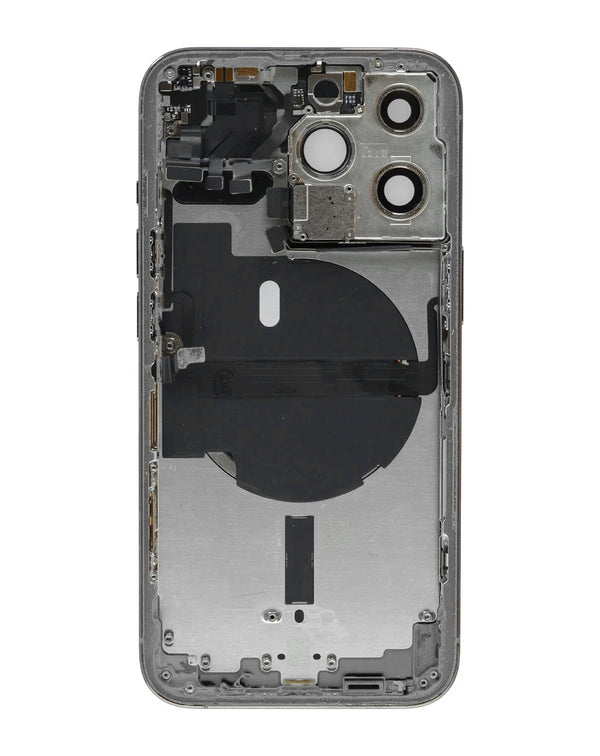 Marco de carcasa trasera con componentes preinstalados en Guatemala para reparación de iPhone 13 Pro en talleres especializados.