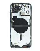 Encuentra chasis para iPhone 13 Pro Max en Guatemala con pequeñas partes preinstaladas en color azul para reparaciones en talleres de confianza.