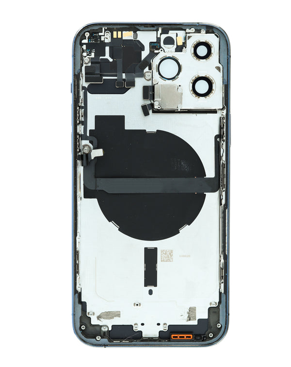 Encuentra chasis para iPhone 13 Pro Max en Guatemala con pequeñas partes preinstaladas en color azul para reparaciones en talleres de confianza.