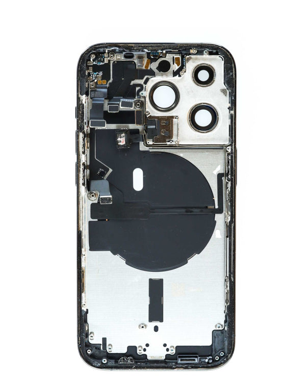 Encuentra el marco trasero con componentes preinstalados para iPhone 14 Pro en Guatemala, ideal para reparaciones profesionales en talleres de tecnología.