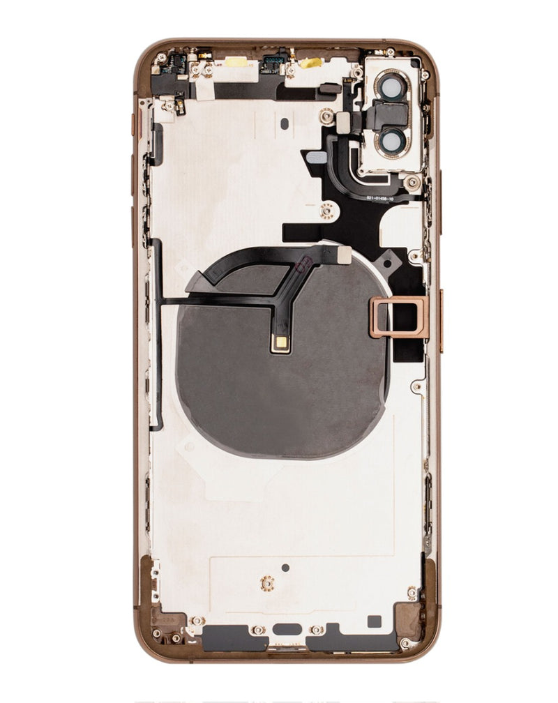 Encuentra tapa trasera con componentes preinstalados para iPhone XS Max (GOLD) en Guatemala, ideal para reparaciones y con etiquetas de Apple.