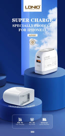 Encuentra el cargador de pared LDNIO A2522C QC3.0+PD Dual USB A con cable USB C-L en Guatemala para una carga rápida y eficiente.