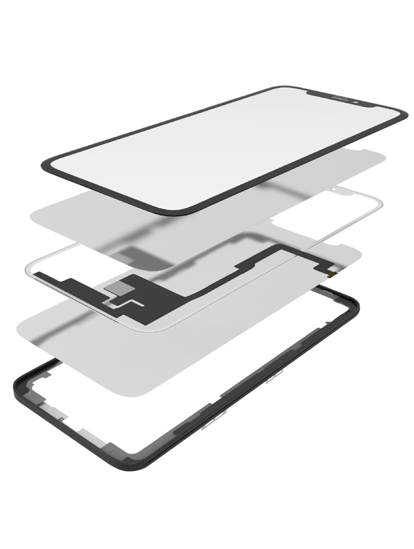 Kit OCA Master iPhone X (vidrio frontal + marco + long touch + OCA preinstalado) perfecto para reparaciones de pantallas en Guatemala.