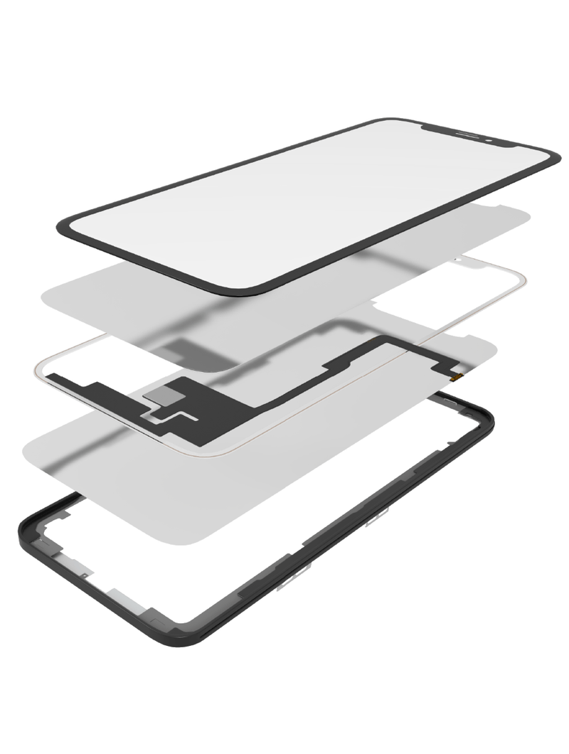 Kit OCA Master iPhone X (vidrio frontal + marco + long touch + OCA preinstalado) perfecto para reparaciones de pantallas en Guatemala.