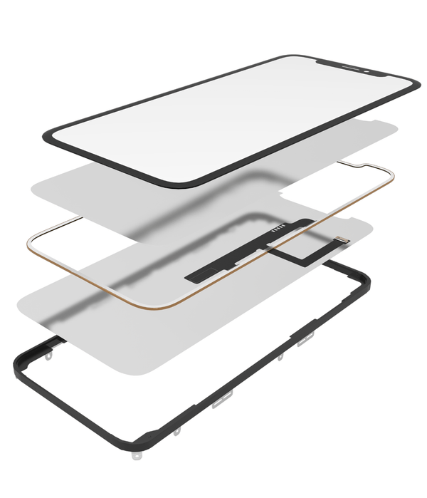 Kit OCA Master para iPhone XR con vidrio frontal, marco, long touch y OCA preinstalado disponible en Guatemala para reparaciones de pantallas.