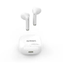 Audífonos inalámbricos compactos Onten ON-Plus Mini blancos, estilo earbuds, en su estuche de carga. Accesorio de audio portátil SlowBack.