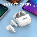 Audífonos inalámbricos compactos Onten ON-Plus Mini blancos, estilo earbuds, en su estuche de carga. Accesorio de audio portátil SlowBack.