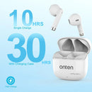 Audífonos inalámbricos compactos Onten ON-Plus Mini blancos, estilo earbuds, en su estuche de carga. Accesorio de audio portátil SlowBack.