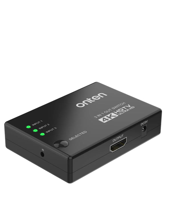 Switch HDMI 3 en 1 de la marca Onten, perfecto para conectar múltiples dispositivos a una sola pantalla en Guatemala, encuentra el mejor precio en mayoristas de accesorios HDMI.