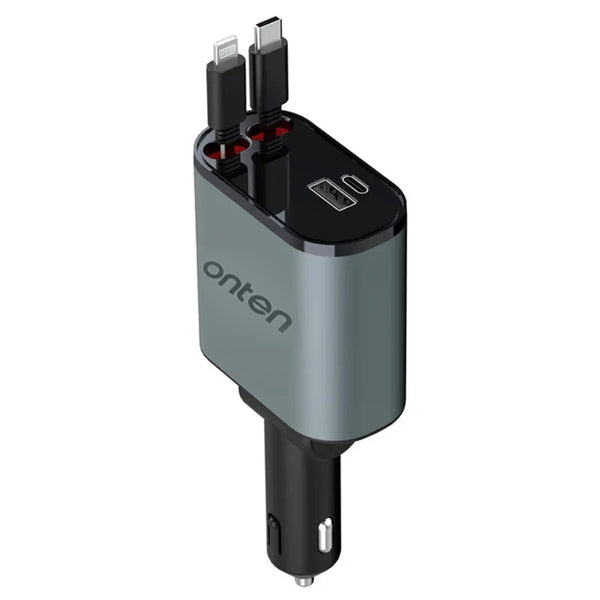 Encuentra el cargador de auto retráctil 4 en 1 de Onten con cable de carga rápido USB C y USB L en Guatemala, ideal para mayoristas y talleres de reparaciones de dispositivos electrónicos.