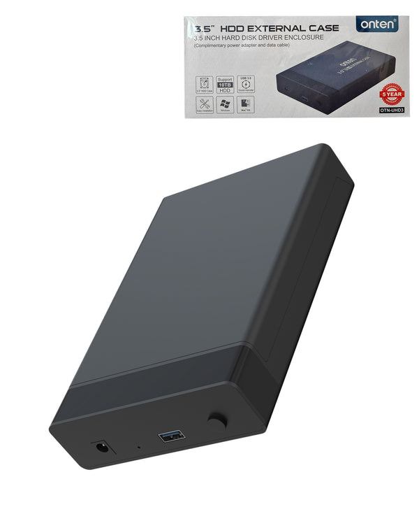 Encuentra la caja externa USB 3.0 de 3.5 Onten para discos duros SATA/HDD/SSD en Guatemala, ideal para mayoristas y talleres de reparación.