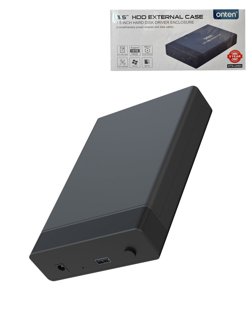 Encuentra la caja externa USB 3.0 de 3.5 Onten para discos duros SATA/HDD/SSD en Guatemala, ideal para mayoristas y talleres de reparación.