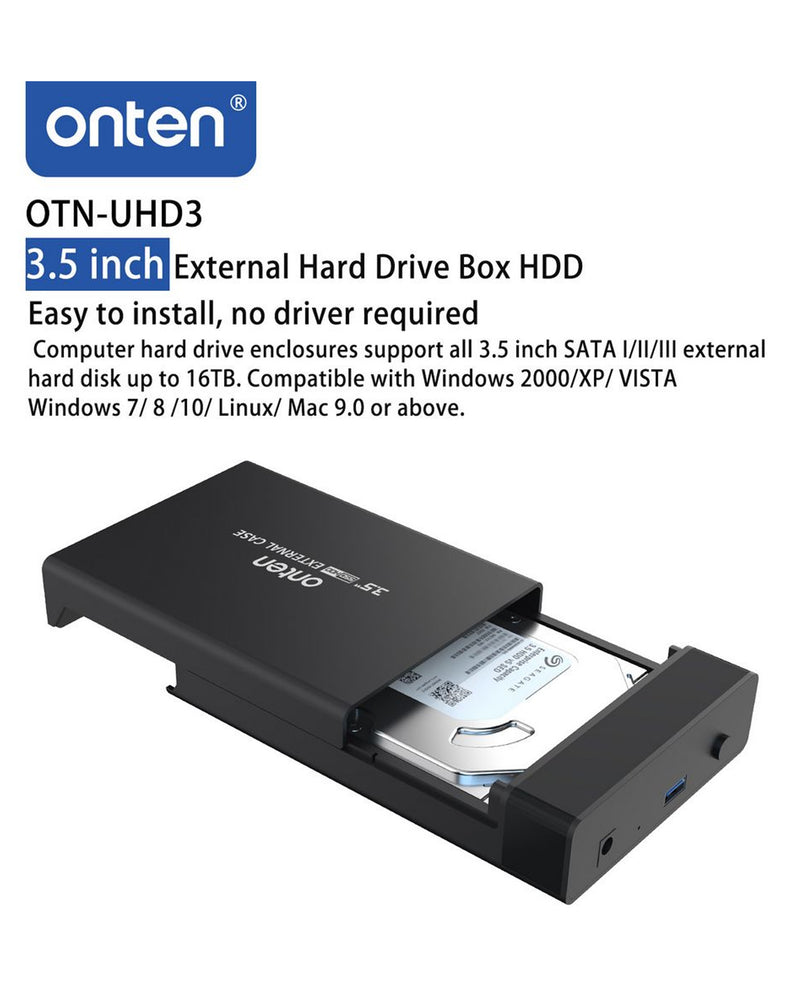 Encuentra la caja externa USB 3.0 de 3.5 Onten para discos duros SATA/HDD/SSD en Guatemala, ideal para mayoristas y talleres de reparación.