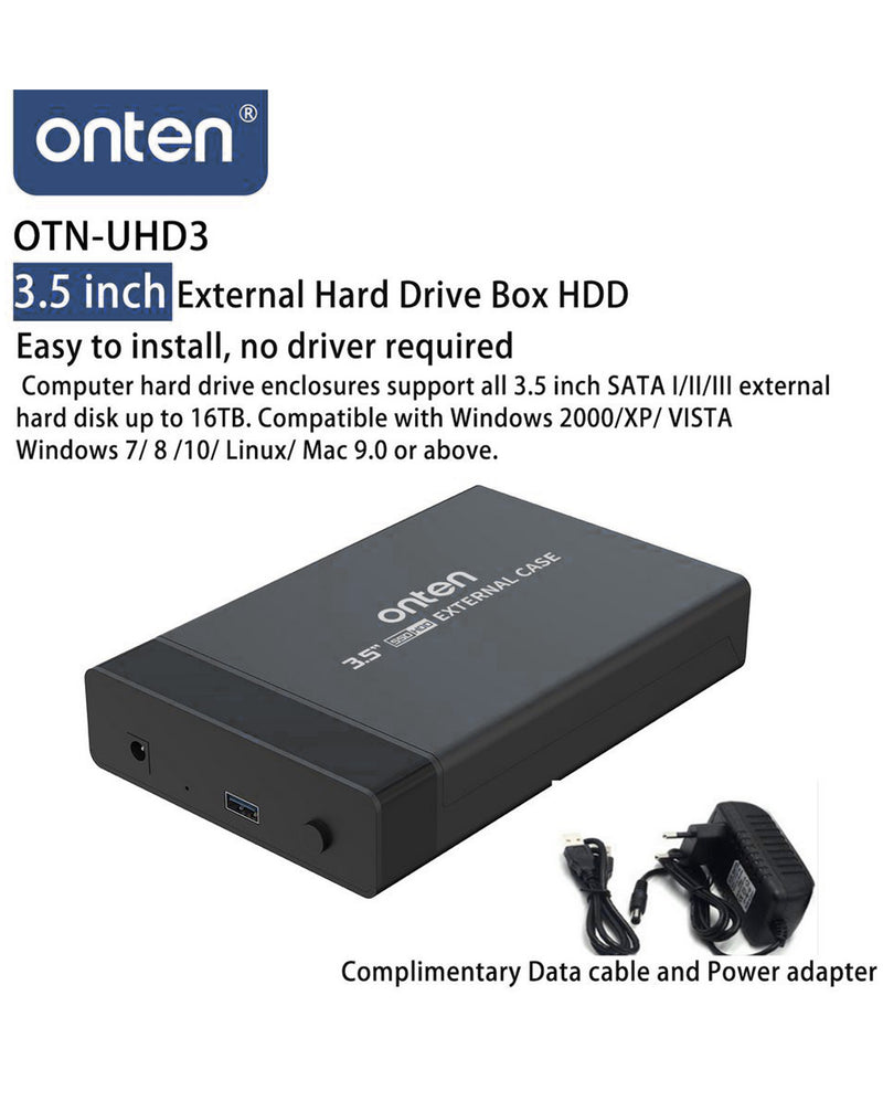 Encuentra la caja externa USB 3.0 de 3.5 Onten para discos duros SATA/HDD/SSD en Guatemala, ideal para mayoristas y talleres de reparación.