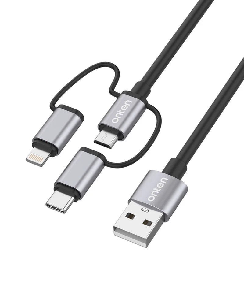 Encuentra el cable de carga Onten 3in1 de aluminio USB A a C + M + L de 3 pies en Guatemala para reparaciones y mayoristas.