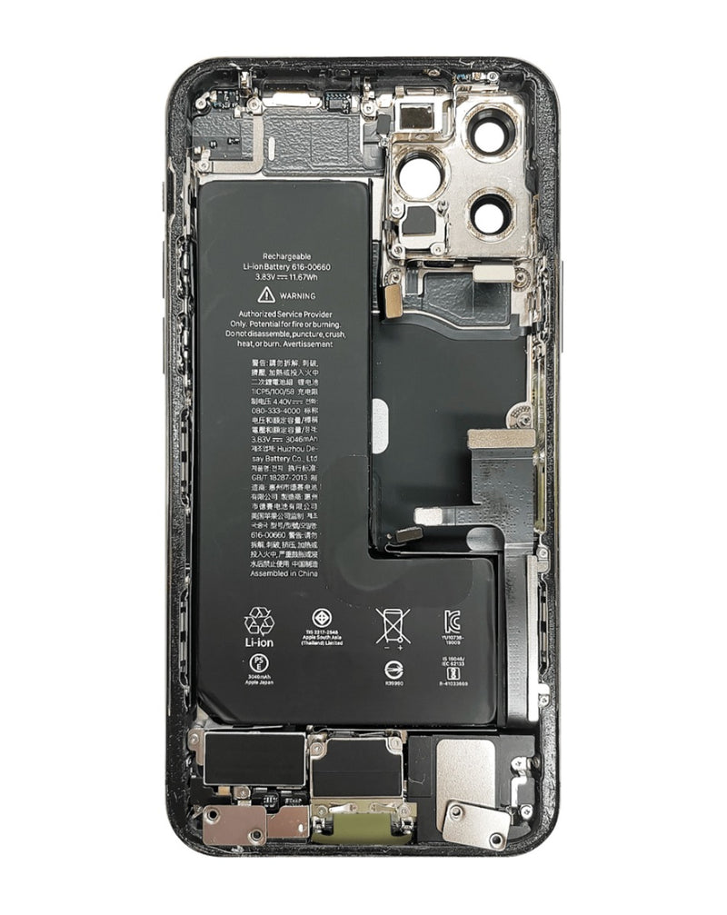 Tapadera trasera original con batería y piezas pequeñas para iPhone 11 Pro en Guatemala, ideal para reparaciones y talleres de celulares.