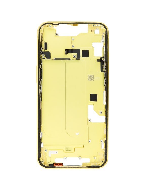 Marco medio de color amarillo para iPhone 14, pieza OEM ideal para reparaciones en Guatemala.