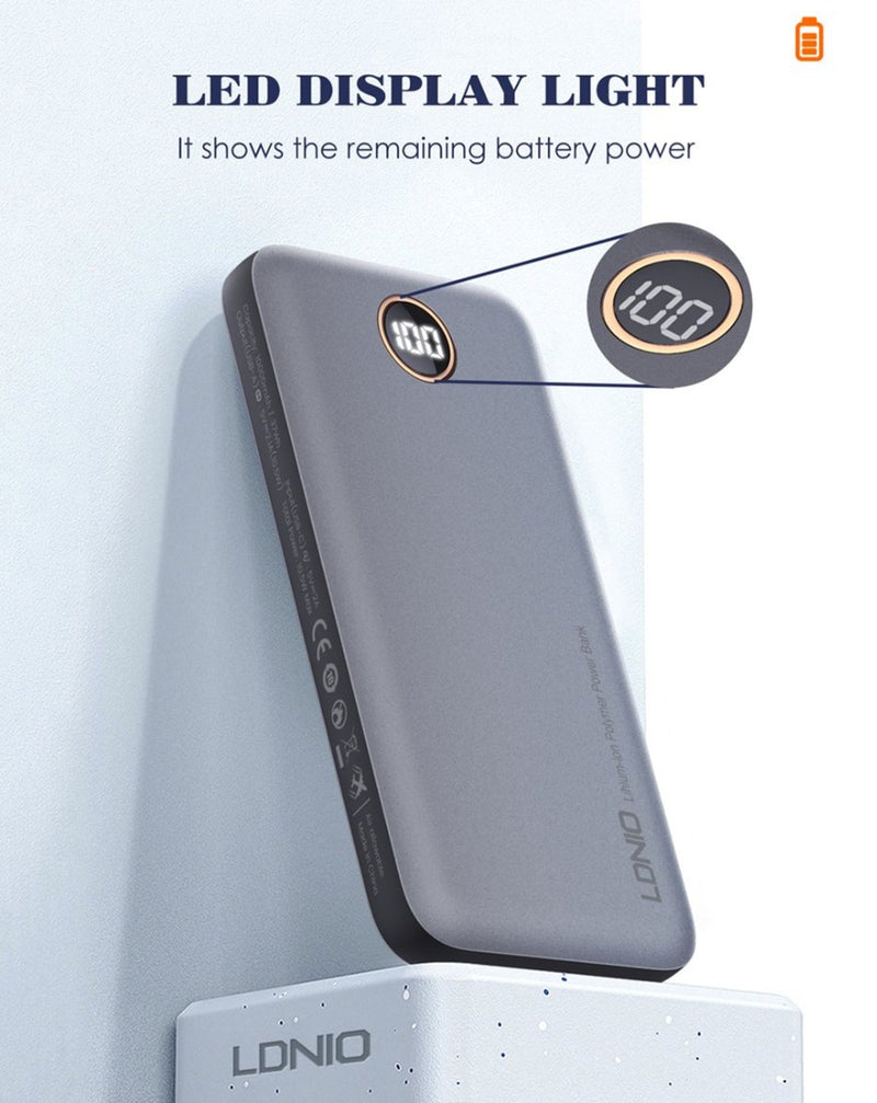 Compra al mayor la PowerBank LDNIO P10 ultra delgada con pantalla digital de 10000mAh en Guatemala, ideal para estar siempre conectado.