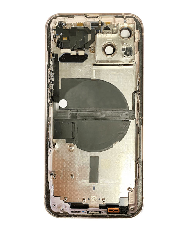 Tapa trasera con componentes preinstalados para iPhone 13 en color rosa, ideal para reparaciones en Guatemala.