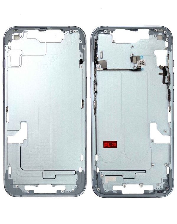 Compra al por mayor en Guatemala el Marco Medio con partes pequeñas OEM en color azul para iPhone 14, ideal para reparaciones en talleres especializados.