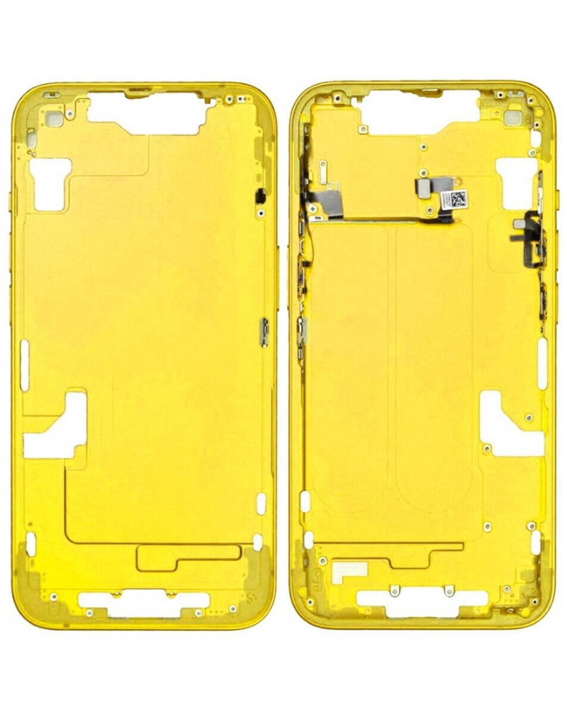 Reparación de marco intermedio con piezas pequeñas para iPhone 14 amarillo en Guatemala - Mayorista de componentes y piezas pequeñas para reparaciones de iPhone en talleres especializados.