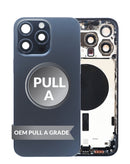 Tapa trasera azul titanium con componentes preinstalados para reparación de iPhone 15 Pro Max en Guatemala.