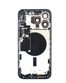 Tapa trasera azul titanium con componentes preinstalados para reparación de iPhone 15 Pro Max en Guatemala.