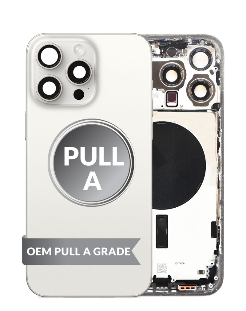 Encuentra la tapa trasera con componentes preinstalados para iPhone 15 Pro Max en Guatemala, ideal para reparaciones en talleres especializados.