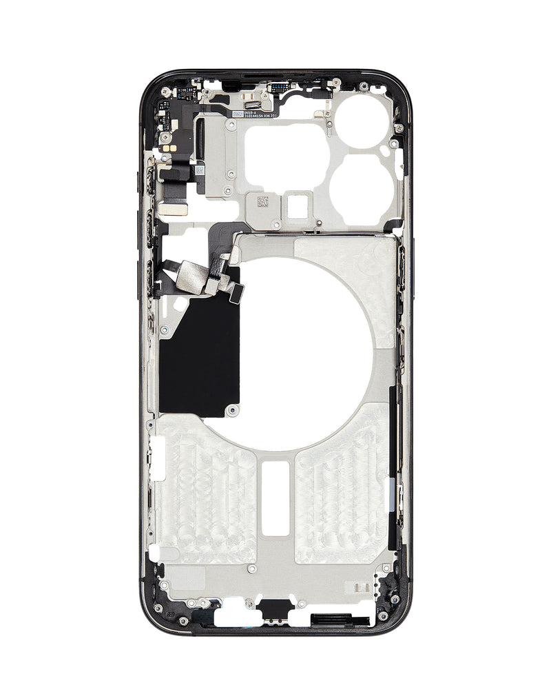Marco medio de color negro para iPhone 15 Pro Max disponible en Guatemala para reparaciones en mayoristas y talleres de reparación.