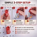 Cien cerraduras de gancho rojas Peg de 6mm con una llave, ideales para seguridad de exhibidores.
