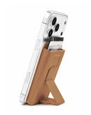 Cartera MagSafe magnética pop-up de cuero marrón con soporte ajustable para celular, accesorio telefónico SlowBack.
