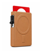 Cartera MagSafe magnética pop-up de cuero marrón con soporte ajustable para celular, accesorio telefónico SlowBack.