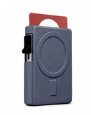 Bolsa magnética MagSafe SlowBack azul marino con espacio para tarjetas y soporte ajustable para teléfono.