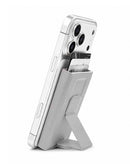 Cartera magnética MagSafe SlowBack blanca con ranuras para tarjetas y soporte ajustable para teléfono.
