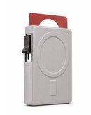 Cartera magnética MagSafe SlowBack blanca con ranuras para tarjetas y soporte ajustable para teléfono.