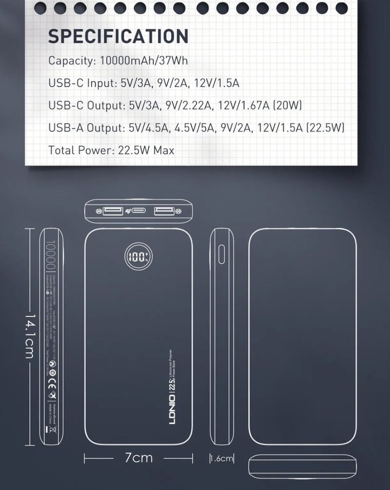 Compra el PowerBank digital ultradelgado LDNIO PQ10 de 10000mAh en Guatemala y carga tus dispositivos con estilo y eficiencia.