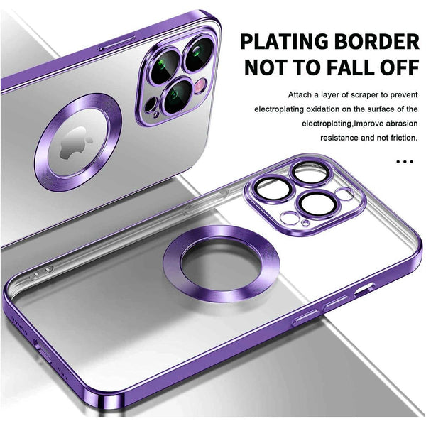 Funda transparente con carga inalámbrica para iPhone 14 en Guatemala, disponible en color morado de la marca SlowBack.
