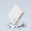 Estación de carga LDNIO Q605 de 120W con múltiples puertos USB-C y USB-A, en color blanco y negro.