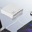 Estación de carga LDNIO Q605 de 120W con múltiples puertos USB-C y USB-A, en color blanco y negro.