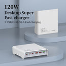 Estación de carga LDNIO Q605 de 120W con múltiples puertos USB-C y USB-A, en color blanco y negro.