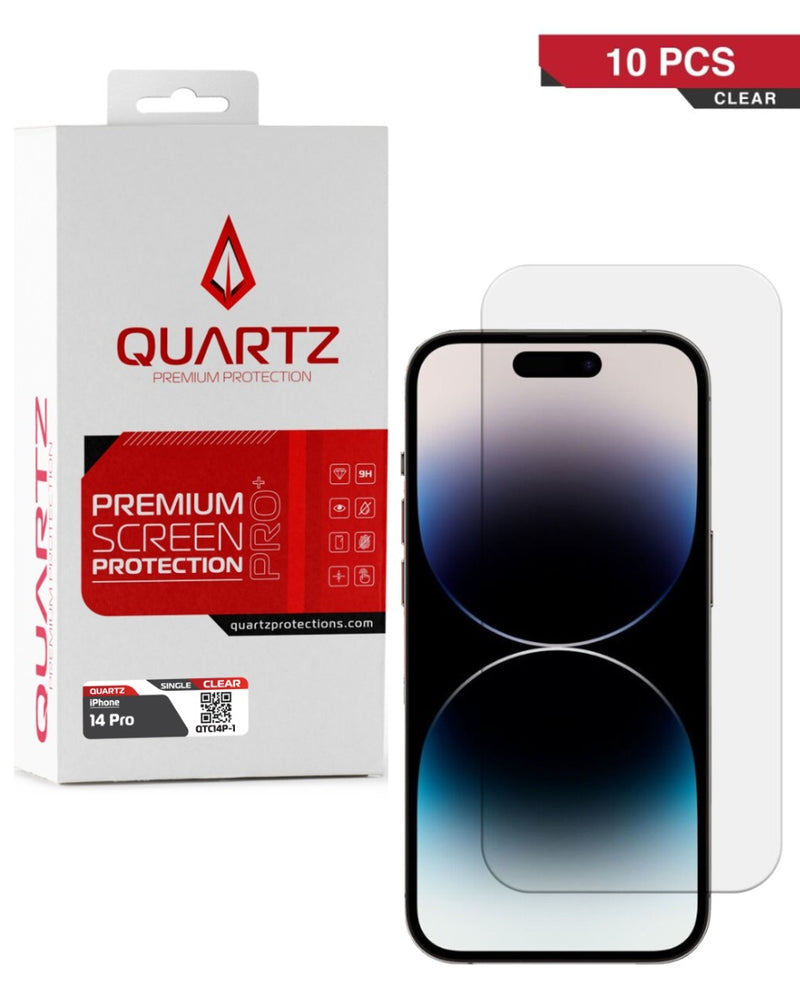 Protector de pantalla de vidrio templado Quartz clear para iPhone 14 Pro, pack de 10 unidades en Guatemala, ideal para mayoristas o talleres de reparación.