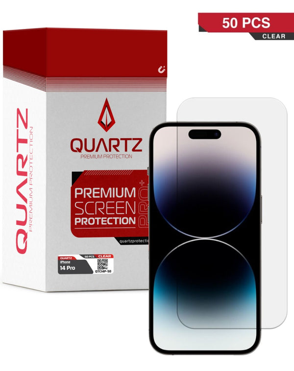 Compra al mayor en Guatemala un pack de 50 vidrios templados Quartz Clear para iPhone 14 Pro y mantén protegida la pantalla de tu dispositivo.