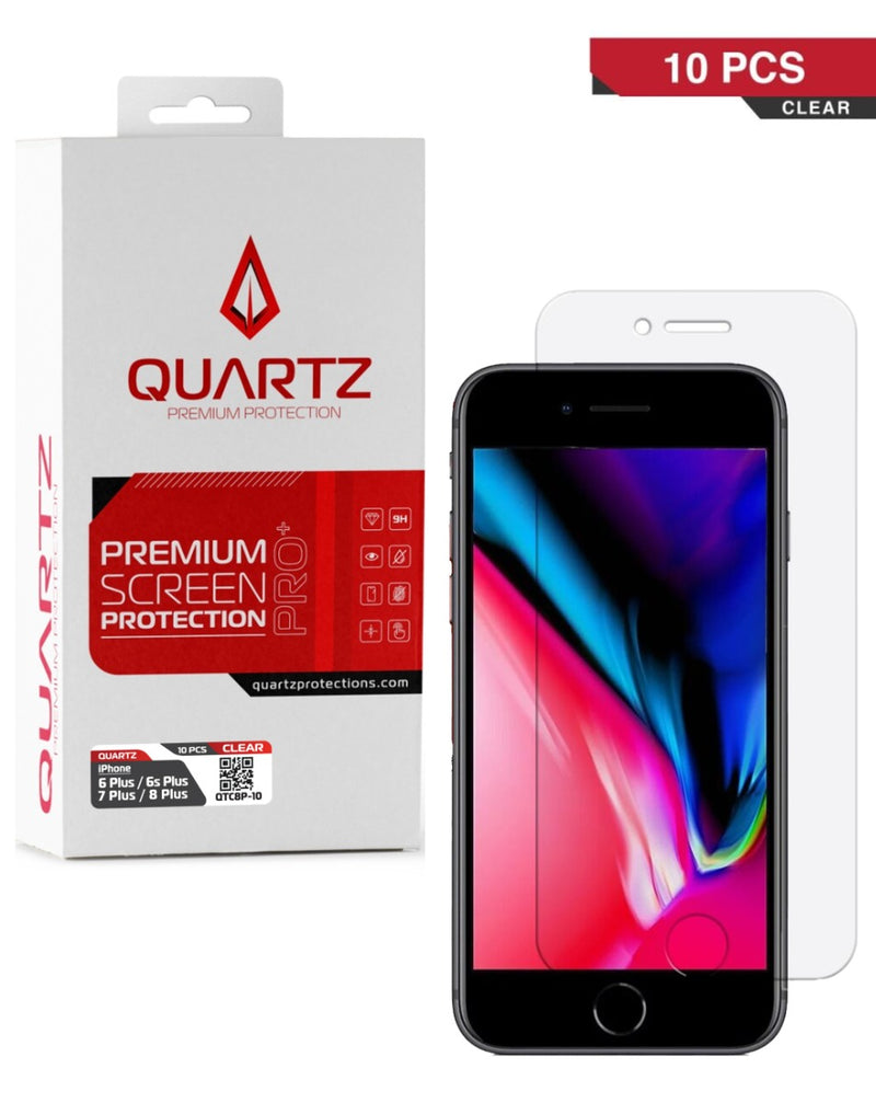 Protector de pantalla de vidrio templado QUARTZ para iPhone 8 Plus, 7 Plus, 6s Plus y 6 Plus en paquete de 10 unidades en Guatemala.